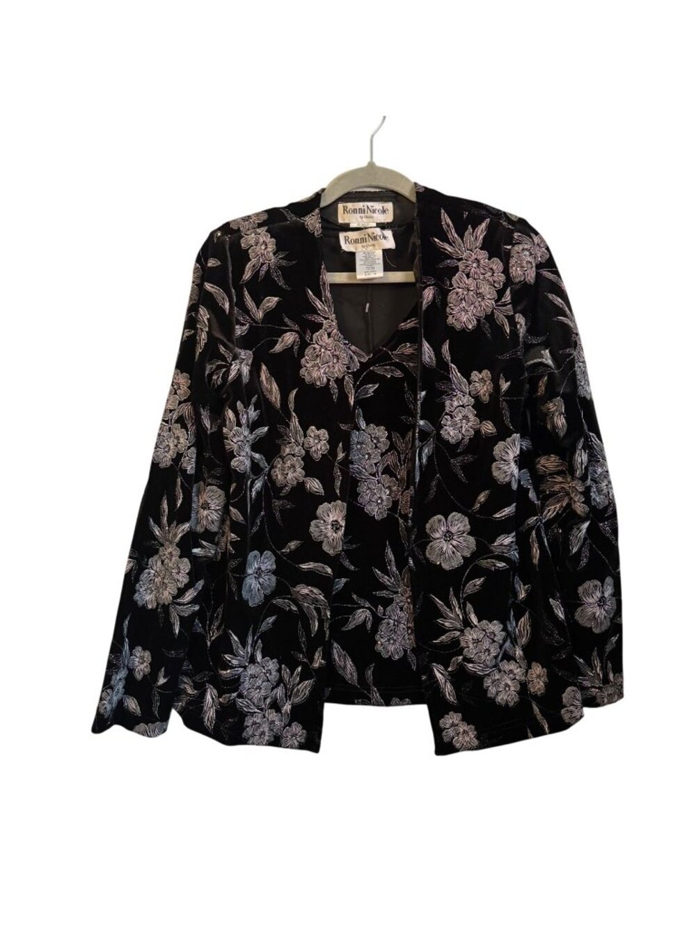 Ronni Nicole By Ouida Black Floral Velvet Jacket & Sleeveless Top Set Size M set